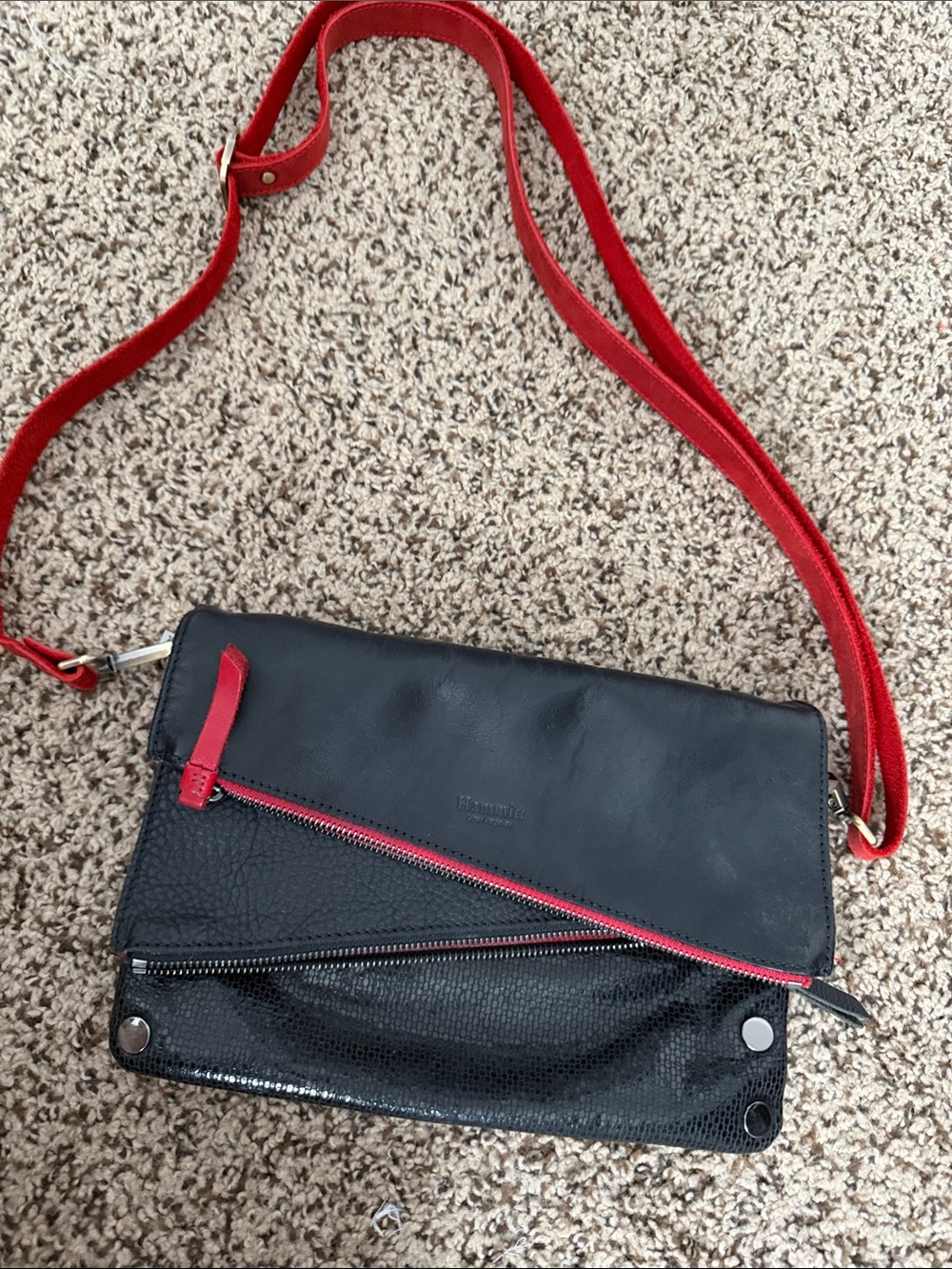 Hammitt Black Leather Crossbody with Red Strap and Zip Accent